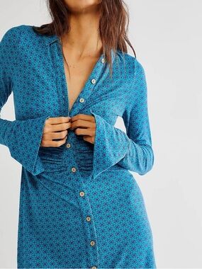 NWT Free People Shayla Teal Blue Button-Front Printed Mini Dress xs